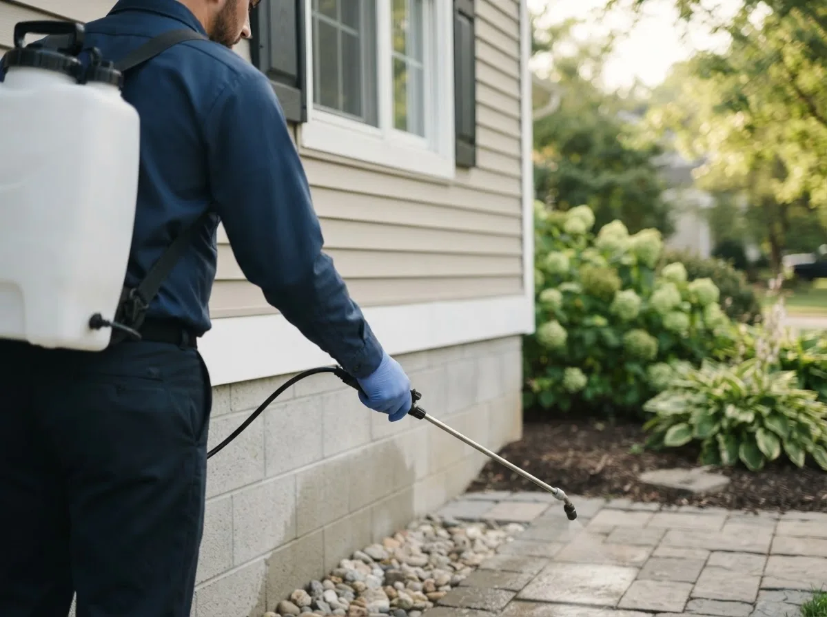 Pest control technician inspecting a home in Rockford, MI